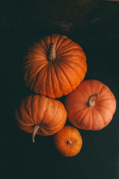 Bild von oben von vier orangefarbenen Kürbissen auf schwarzem Hintergrund Halloween-Feier