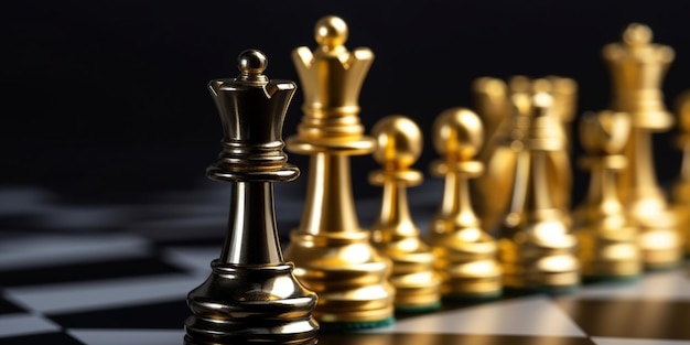 Bild von schwarzen und goldenen Schachfiguren Schachbrett Führungskonzepte Strategien und erfolgreiche Geschäfte