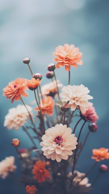 Foto bild von sehr realistischen blumen verschiedener art ohne blatt, blasser, farbenfroher farbstil, minimaler hintergrund für telefon- oder desktop-hintergrundbilder