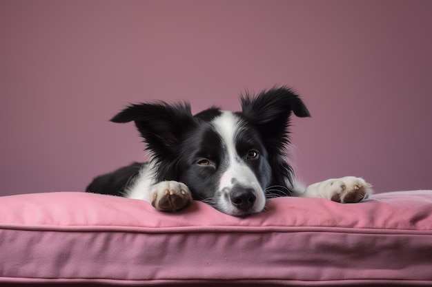 Bild von süßem Border Collie-Hund, der auf einem Schlafkissen liegt Haustiere