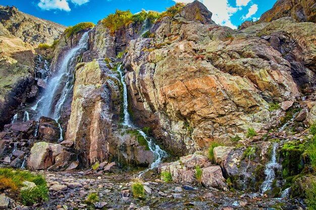 Bild von Wasserfällen, die über die Felskante in den Bergen rieseln