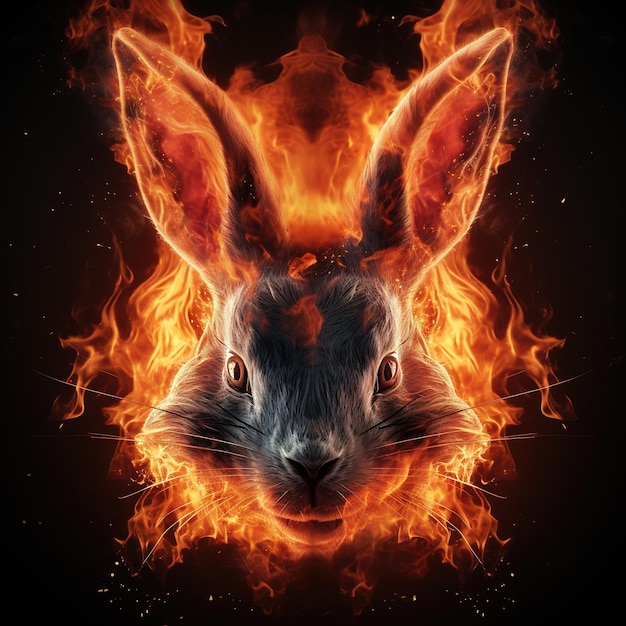 Bild von wütendem Kaninchengesicht und Flammen auf dunklem Hintergrund Wildtiere Illustration Generative KI