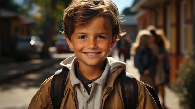 Bild zum Thema „Backtoschool“ eines Jungen, der glücklich zur Schule geht