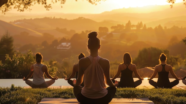 Bildbeschreibung Eine Gruppe von Frauen sitzt in einer Yoga-Pose auf einem grasbewachsenen Hügel