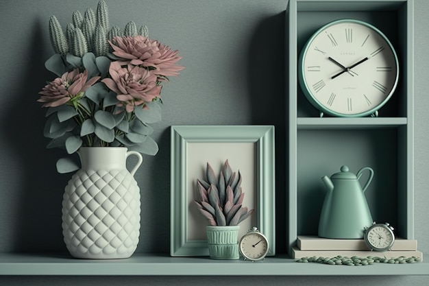 Bilder von grauen Regalen mit dekorativen Akzenten und Gegenständen wie einem Wecker, einer Schachtel und Blumen in Vasen. Nachbildung eines Schranks mit Regalen