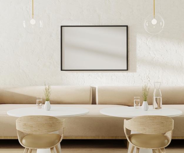 Foto bilderrahmen-attrappe über hellbeigem sofa im café mit runden couchtischen und stühlen, 3d-rendering