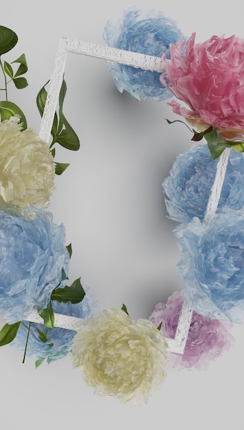 Bilderrahmen mit überlagerten farbigen Blumen. 3D-Rendering.