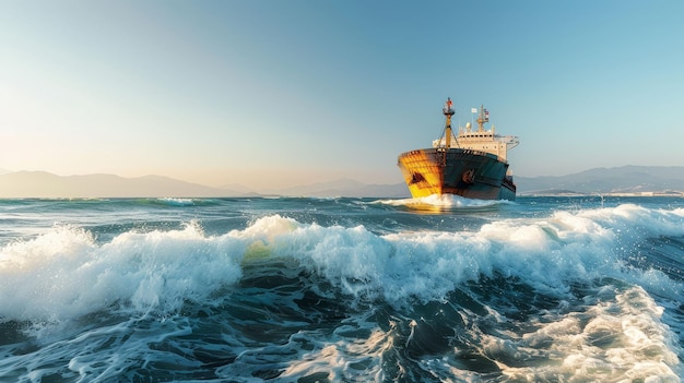 Bildhaftes Bild eines alten, beladenen Frachtschiffs, das unter klarem Himmel auf einem turbulenten, welligen Meer segelt