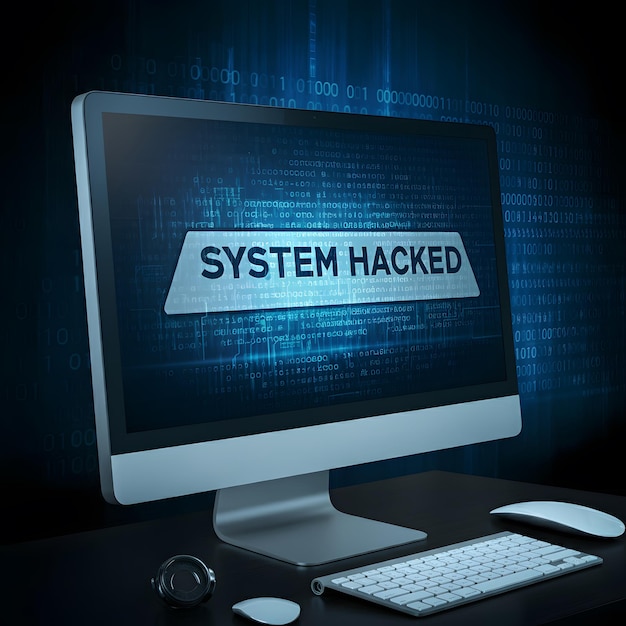 Bildschirm mit Informationsnachricht SYSTEM HACKED Hintergrund mit einem Code auf blauem Hintergrund