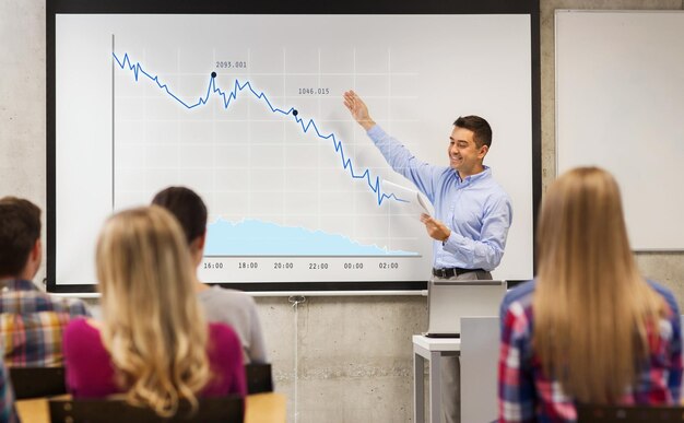 Foto bildung, gymnasium, lernen, lehren und personenkonzept - lächelnder lehrer mit notizblock, der vor schülern steht und diagramm auf weißer tafel im klassenzimmer zeigt