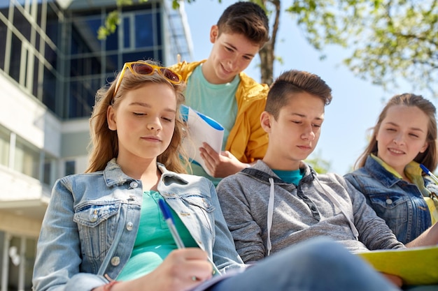 Bildung, Highschool und Menschen-Konzept - Gruppe glücklicher Teenager-Studenten mit Notizbüchern, die im Campus-Garten lernen