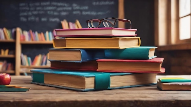 Bildungs- und Lesekonzeptgruppe mit bunten Büchern auf dem Holztisch im Klassenzimmer