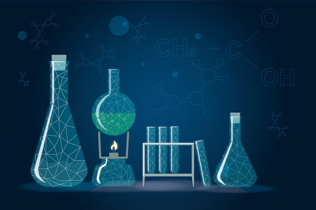 Bildungs- und Wissenschaftskonzept mit Glaskolben und Reagenzglasillustration an der Tapete der chemischen Formeln