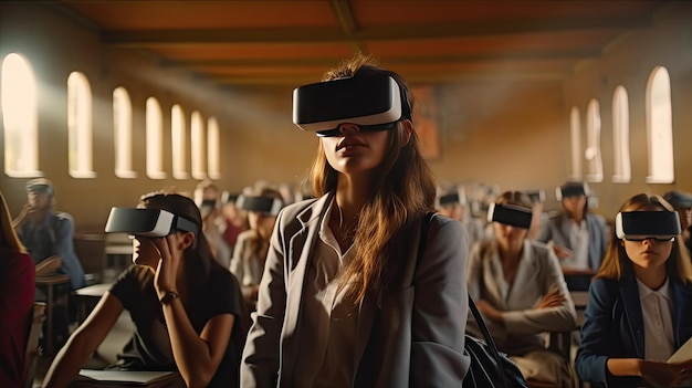 Bildungsinnovation Eine Schülerin mit Virtual-Reality-Brille begleitet die Lehrerin während des Unterrichts im hellen Klassenzimmer der Schule