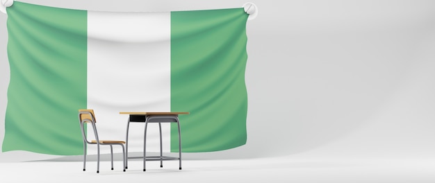 Bildungskonzept. 3d von Schreibtisch und Nigeria auf weißem Hintergrund.