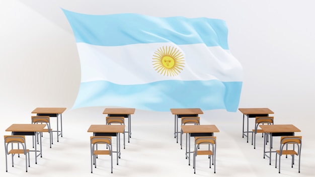 Bildungskonzept. 3d von Schreibtischen und Argentinienflagge auf weißem Hintergrund.
