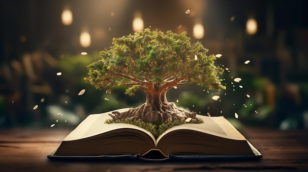 Bildungskonzept mit dem Pflanzen eines Wissensbaums und dem Öffnen eines großen alten Buches in einer Bibliothek Generative KI