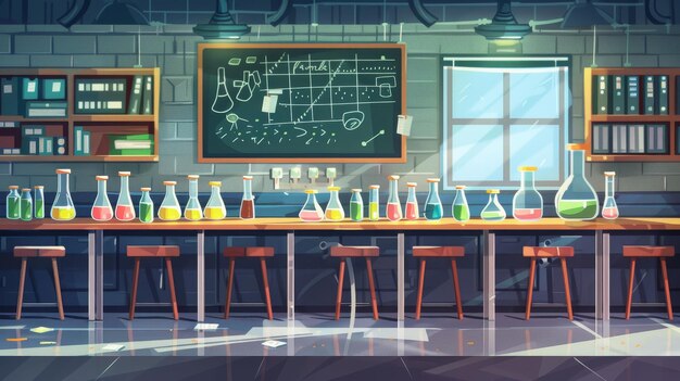 Bildungsraum Cartoon moderne Illustration mit Chemie-Schrank leeres Klassenzimmer Labor Interieur mit chemischer Formel auf Tafel Becher für Experimente auf Schreibtischmöbeln und Schule