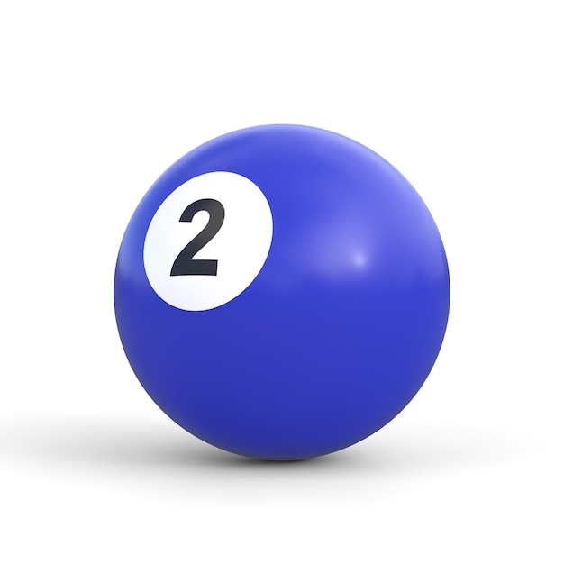 Billardball Nummer zwei blaue Farbe auf weißem Hintergrund realistischer glänzender Snookerball 3D-Rendering