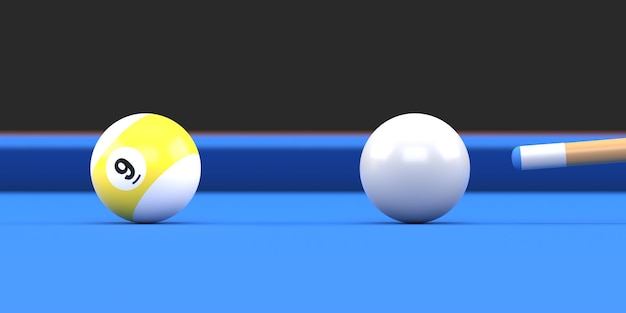 Billardkugel Nummer neun in gelber und weißer Farbe auf Billardtisch Snooker zielen auf die Spielkugel 3D