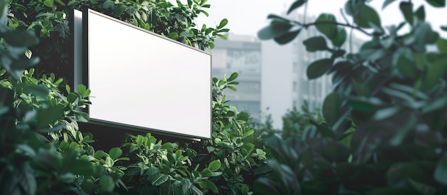 Billboard mit weißer Farbe vor einem Hintergrund aus grünen Blättern im Frühling oder Sommer