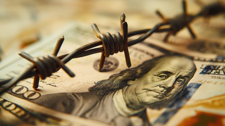 Foto billete de un dólar con alambre de púas en el fondo de la crisis económica