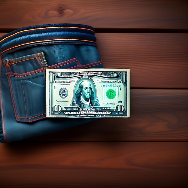 Billete de un dólar en el bolsillo de los jeans sobre un fondo de madera oscura Vista superior espacio de copia plana