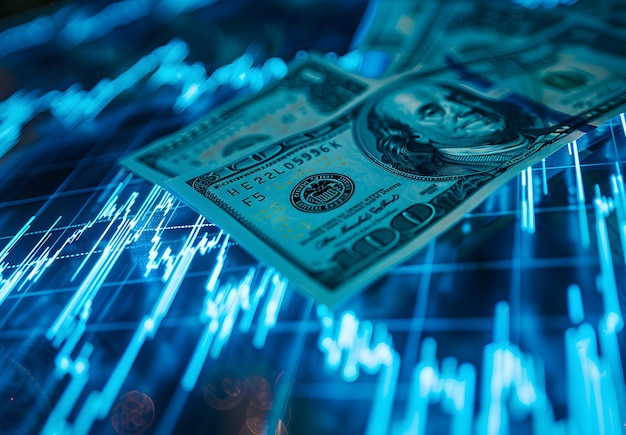 un billete de un dólar está en un fondo azul con luces azules