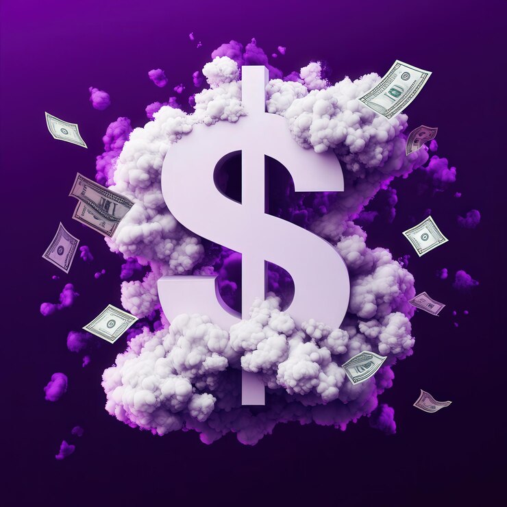 un billete de dólar está en las nubes por encima de los billetes de dólar