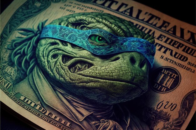 un billete de un dólar con una máscara en él que dice un dragón