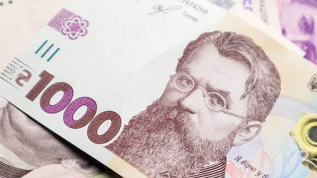 Un billete de papel en 1000 hryvnias. Retrato de Vladimir Ivanovich Vernadsky por 1000 hryvnias en un billete de Ucrania. Dinero ucraniano.