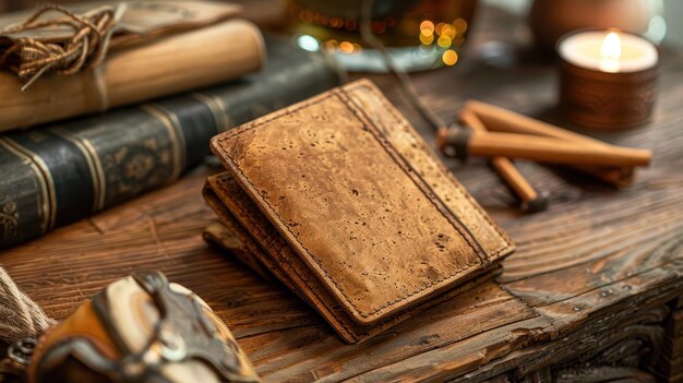 Billetera de corcho rústico en una mesa de madera rodeada de viejos libros y palos de canela
