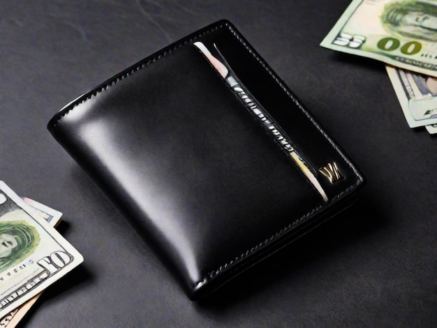billetera de cuero genuino negra con billetes y tarjeta de crédito en el interior