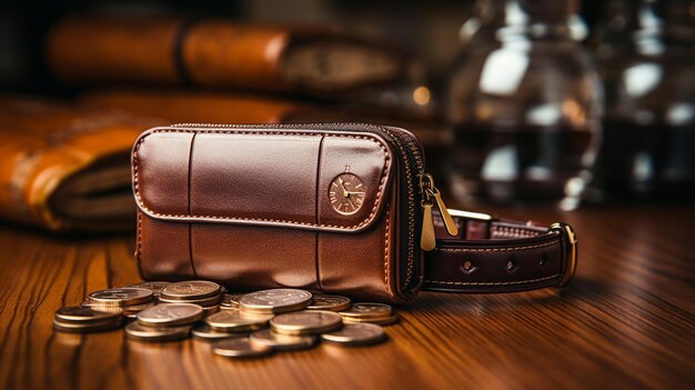 billetera de cuero marrón con monedas de oro billetera de cinturón de cuero y monedas