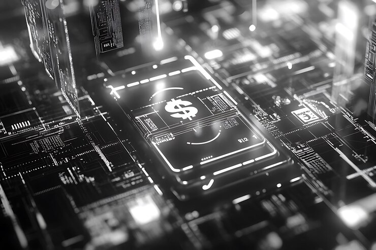Una billetera digital de marco de alambre con flechas circulares abstractas que brillan con luces rojas y azules que simbolizan transacciones digitales de criptomoneda y tecnología financiera futurista