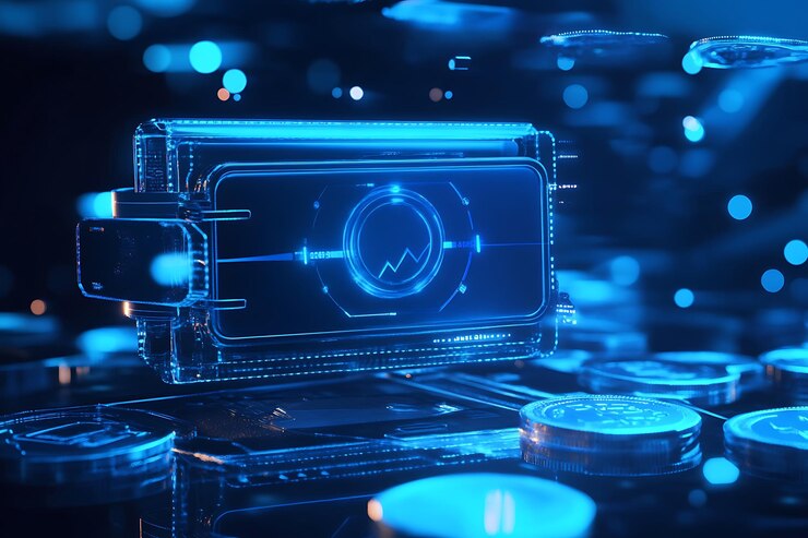 Una billetera digital de marco de alambre con flechas circulares abstractas que brillan con luces rojas y azules que simbolizan transacciones digitales de criptomoneda y tecnología financiera futurista