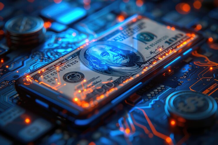 Billetera digital que contiene monedas de dólar y dinero en efectivo Aumentar la metáfora de los ingresos en un respaldo de tecnología azul
