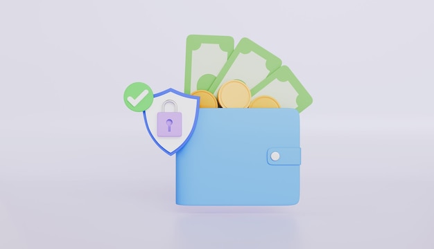 Billetera con escudo y candado Pagos seguros Dinero bajo protección Seguridad financiera