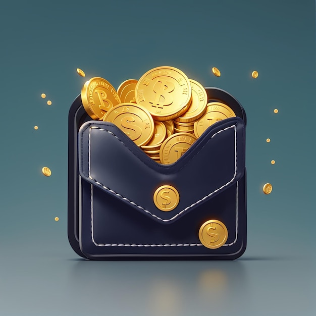 Foto billetera con monedas de oro voladoras icono vectorial ilustración de negocios y finanzas icono concepto estilo de dibujos animados plano aislado blanco adecuado para página de aterrizaje web banner sticker fondo