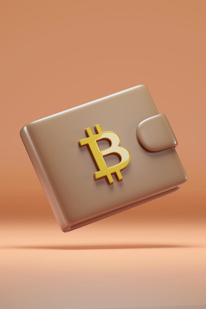 Billetera con el símbolo de bitcoin en un fondo naranja ilustración 3D