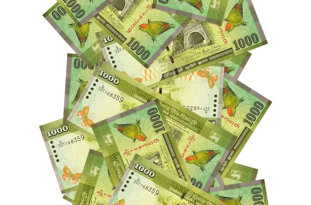 Billetes de 1000 rupias de Sri Lanka volando hacia abajo aislado en blanco
