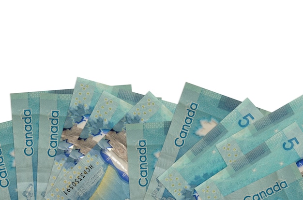 Billetes de 5 dólares canadienses se encuentra en la parte inferior de la pantalla aislada. Plantilla de banner de fondo para conceptos de negocio con dinero
