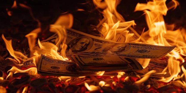 Foto billetes de dinero en llamas sobre un fondo negro concepto de crisis financiera dinero en llamas