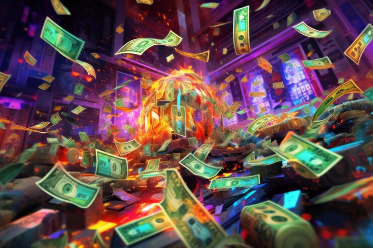 billetes de un dólar cayendo con fondo colorido