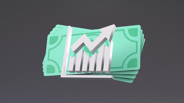 Billetes de dólar y gráfico de crecimiento 3d renderizar ilustración