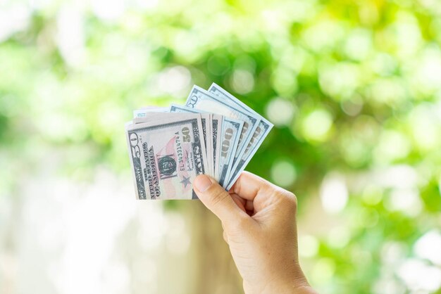 Foto los billetes de dólares se doblan en la mano en un fondo de árbol verde desenfocado