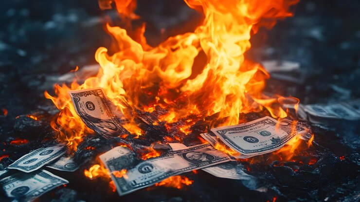 Los billetes de dólares estadounidenses arden en un infierno ardiente