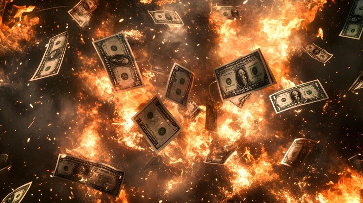 Los billetes de dólares estadounidenses arden en un infierno ardiente