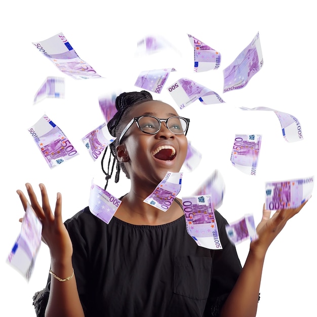 Foto los billetes de euro lloviendo sobre una mujer africana con trenzas emocionada mirando hacia arriba con las manos en el aire