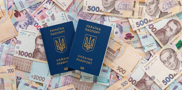 Billetes polacos zloty billetes con monedas grosz con pasaporte ucraniano
